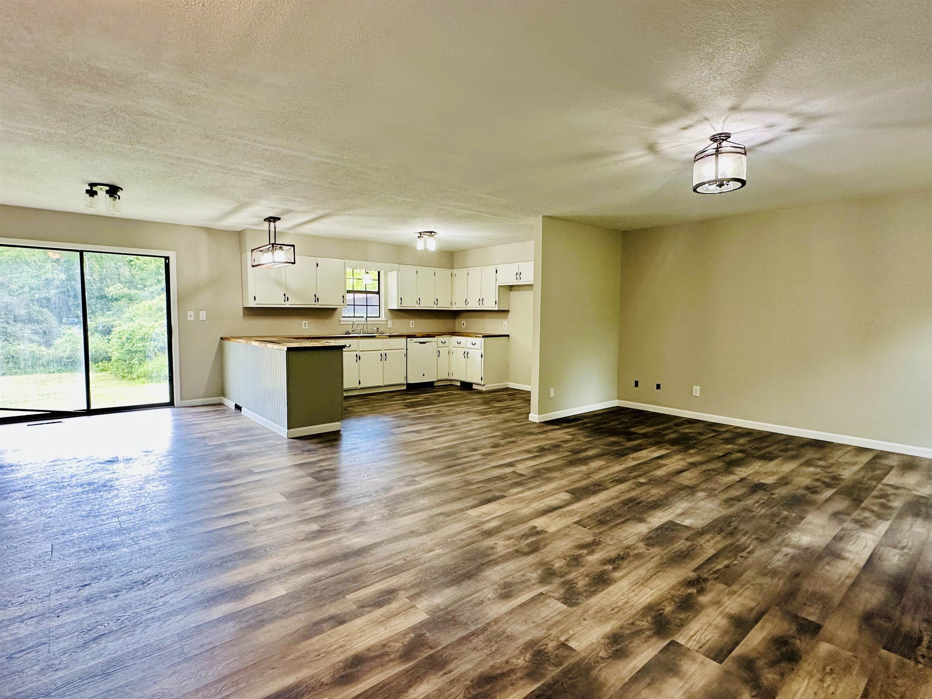 Unfurnished living room with a textured ceiling and dark wood-style flooring
