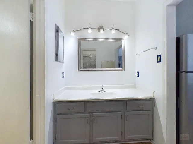 a bathroom with a sink and mirror