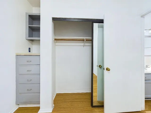 a view of walk in closet with empty racks