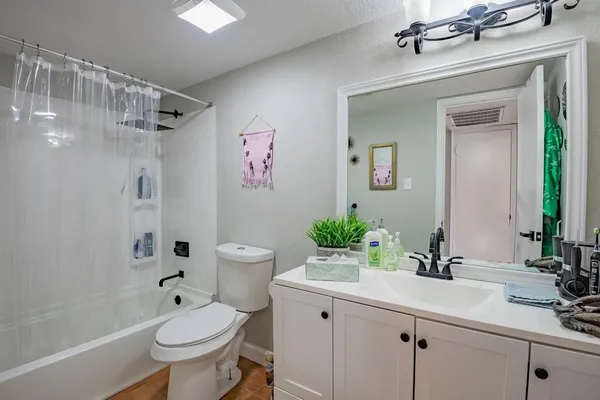 a bathroom with a sink toilet a mirror a vanity and shower