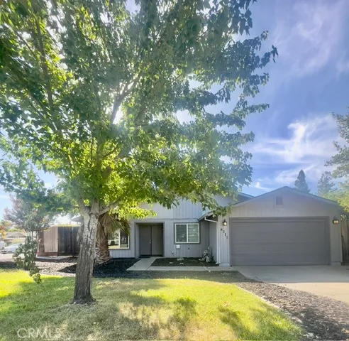 a front view of a house with yard and green space