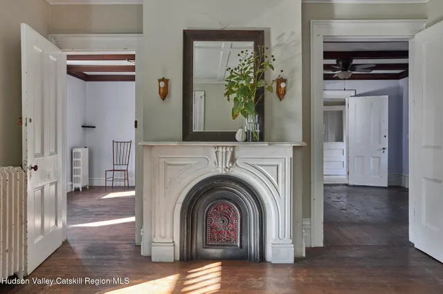 a view of a livingroom with a fireplace potted plants and wooden floor