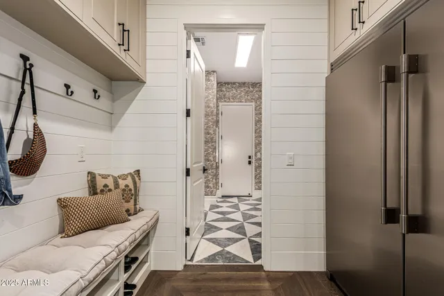 a bedroom with a bed and a shower