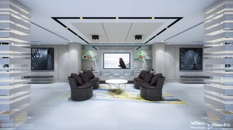 a living room with lots of furniture and a chandelier