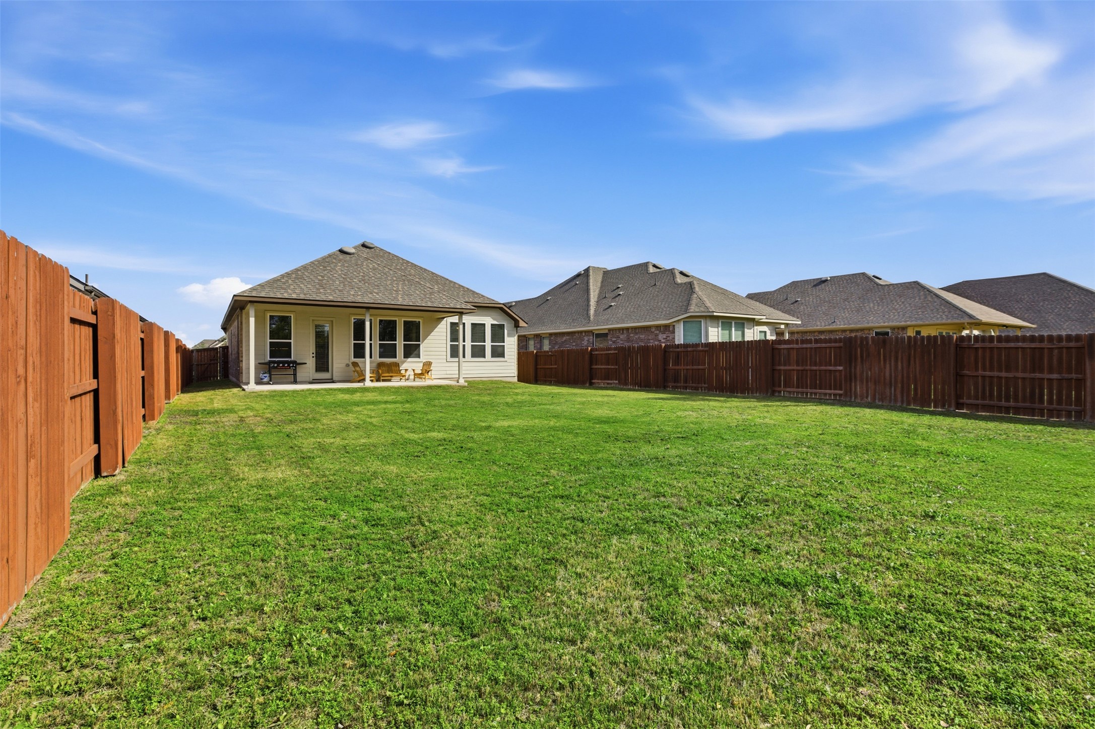 117 Old Trinity Way Georgetown, TX 78628 - Photo 35 of 38 Rear view of house with a patio area, a fenced backyard, and a shingled roof