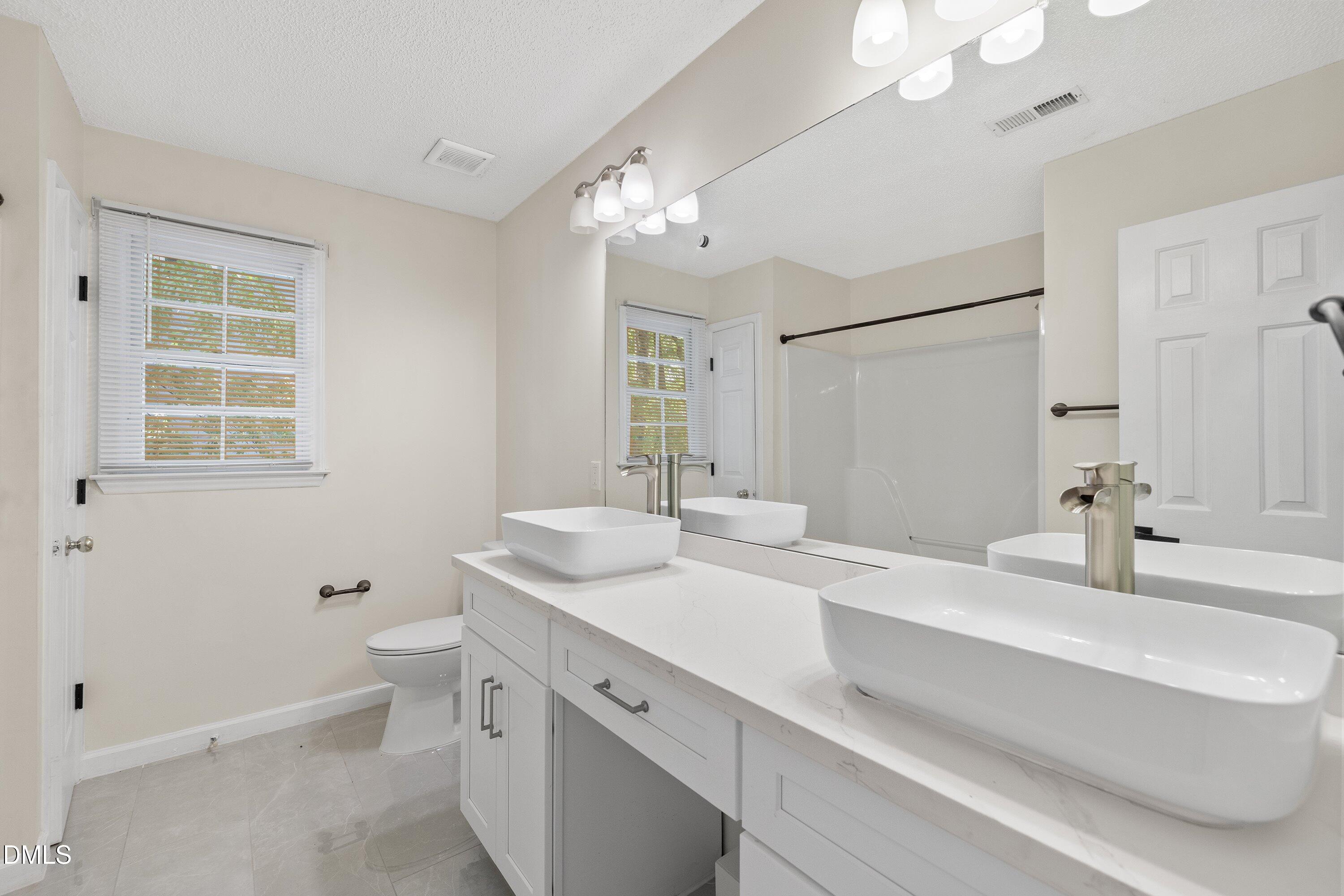 2517 Birchford Court Raleigh, NC 27604 - Photo 48 of 63 a bathroom with a double vanity sink a toilet a mirror and shower