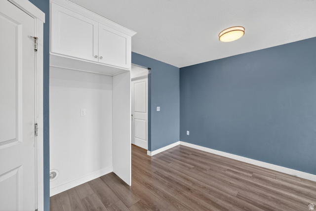 295 Spruce Way Santaquin, UT 84655 - Photo 13 of 32 Built-in white cabinetry with polished hardware, contrasting accent wall, wood-finish flooring, white baseboards, and a flush-mount ceiling light fixture