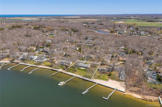 an aerial view of residential houses with outdoor space and ocean view