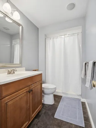 a bathroom with a sink a toilet and a mirror