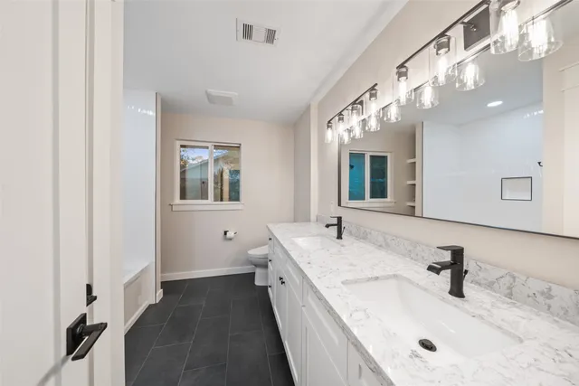 a view of a backyard with plants and large trees