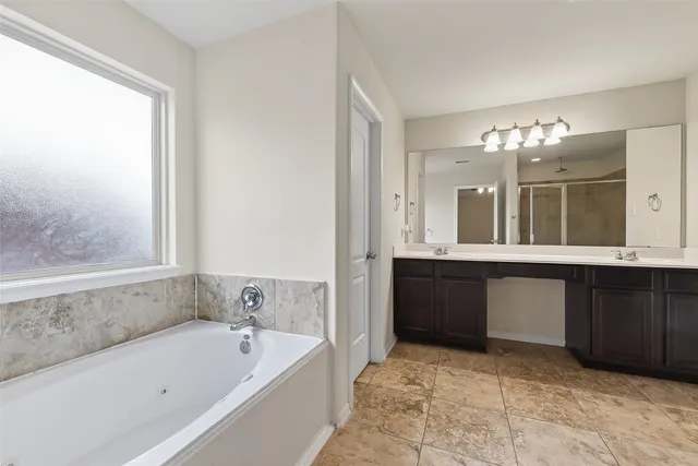 a bathroom with a bathtub sink and mirror