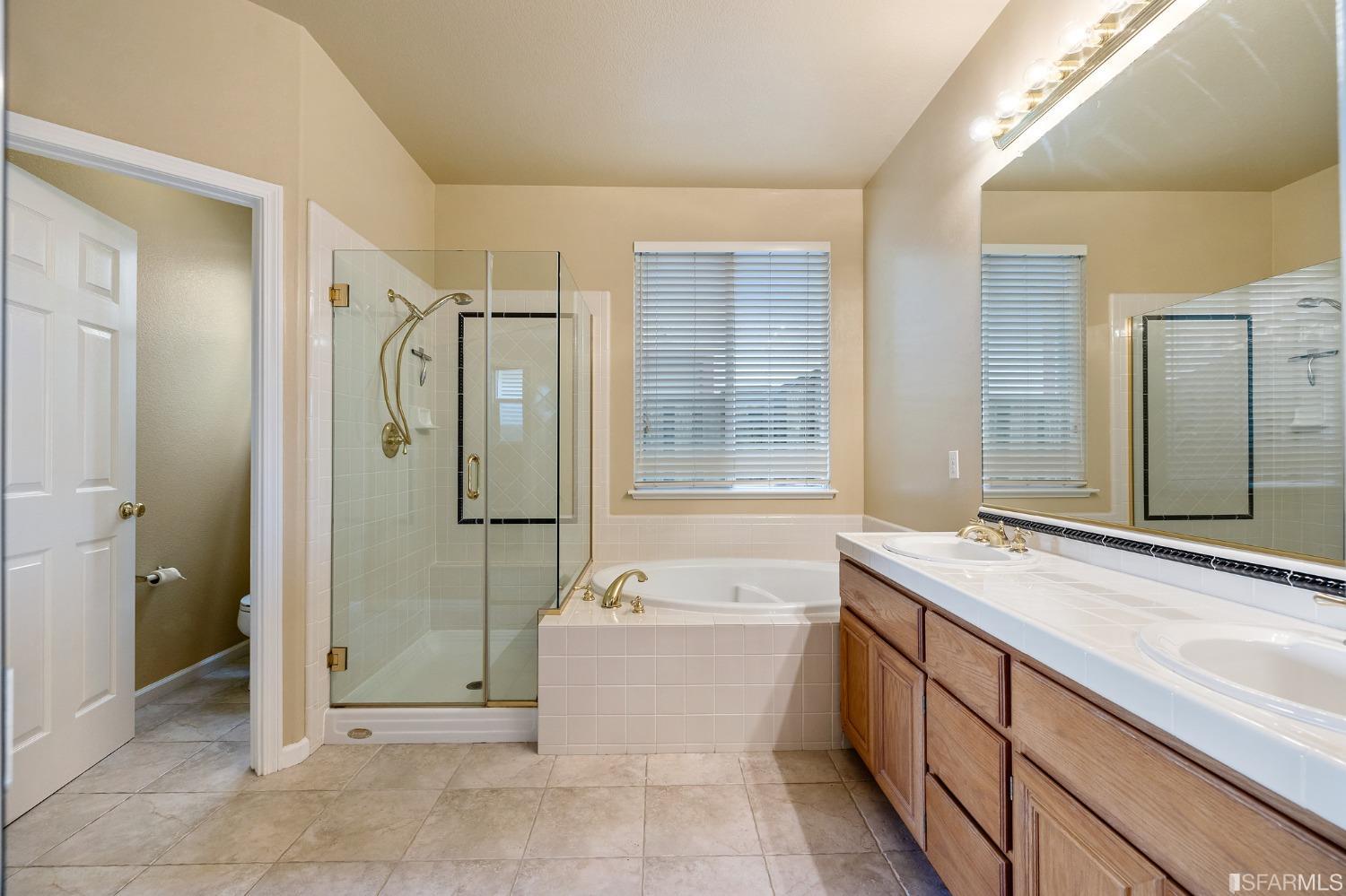 211 Sunset Court Pacifica, CA 94044 - Photo 64 of 84 a spacious bathroom with a shower sink mirror and a bathtub