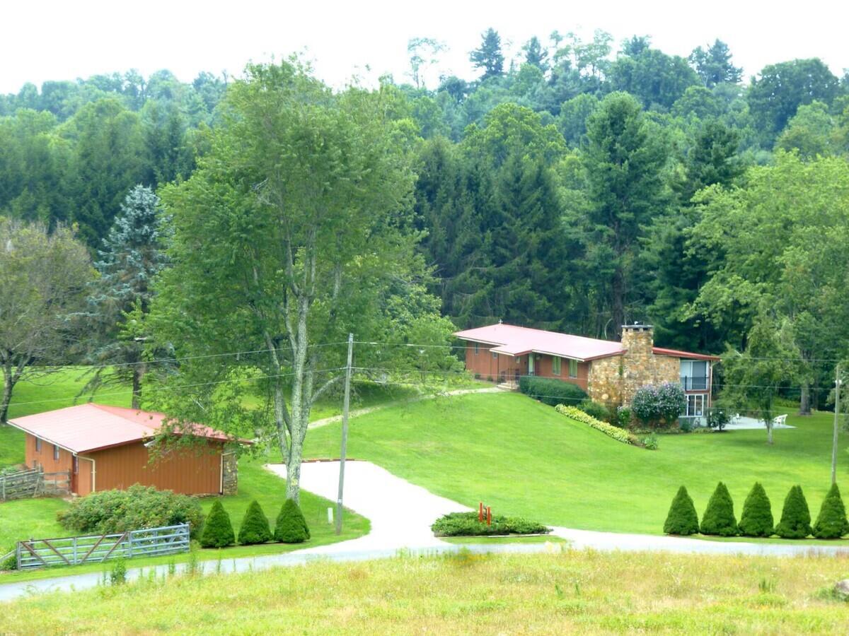 a garden view with a seating space