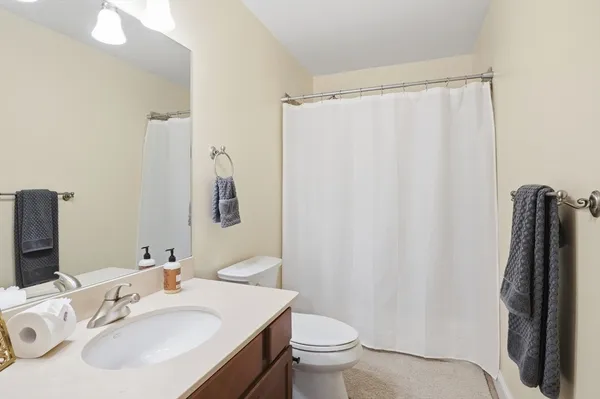 a bathroom with a sink toilet and shower