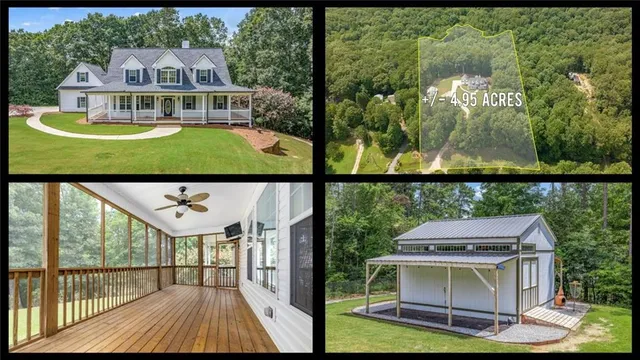 an aerial view of a house with swimming pool garden view and trees