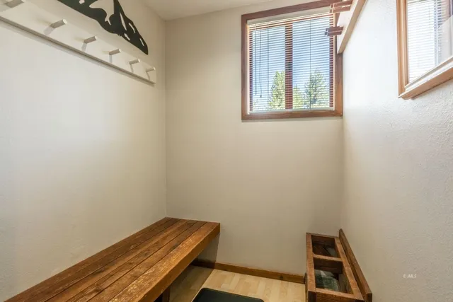 a view of a room with windows