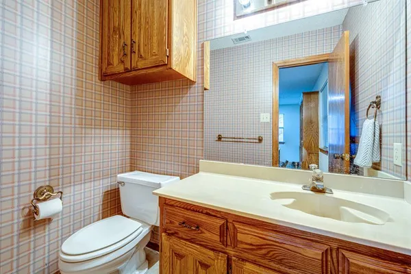 a bathroom with a sink a toilet and mirror