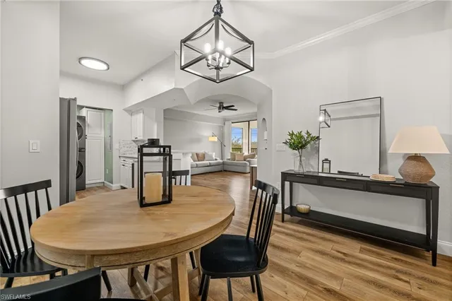 a view of a dining room with furniture