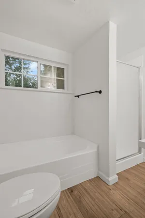 a bathroom with a toilet and a bath tub