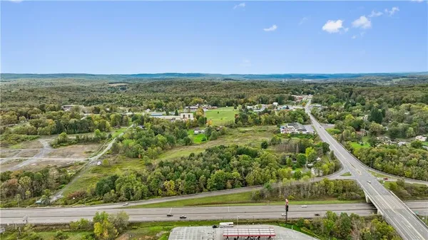 an aerial view of residential houses with outdoor space and trees