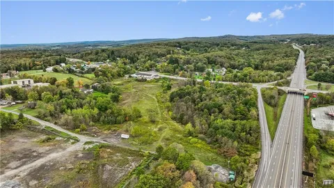a view of a city with lush green forest