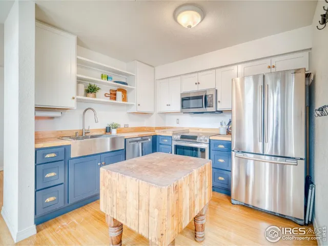 a kitchen with a refrigerator a sink and cabinets