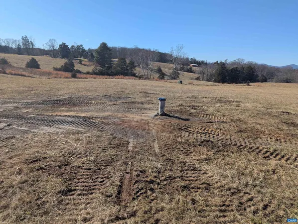 a view of a dry field with trees in the background