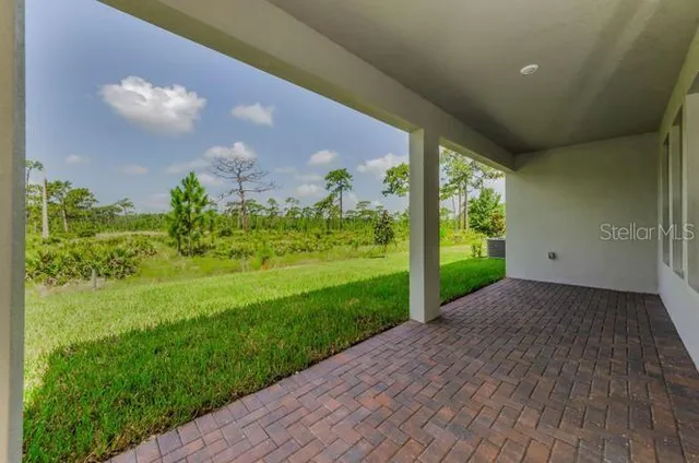 a view of a back yard from a room