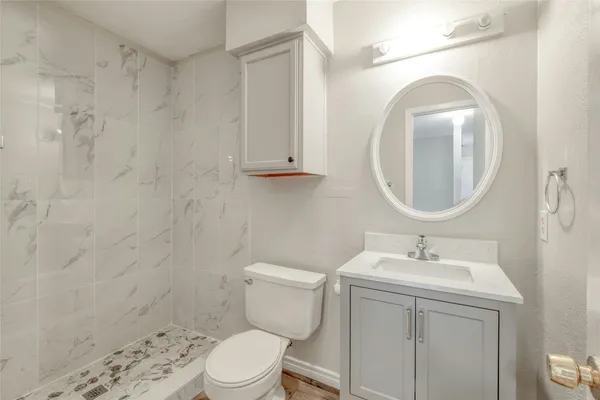 a bathroom with a sink a toilet and a mirror