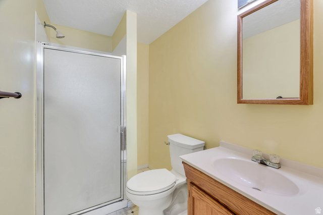 886 West 1700th Street North Mapleton, UT 84664 - Photo 17 of 21 Bathroom featuring a shower stall with a frosted glass enclosure, a vanity with a white countertop and integrated sink, a wood-finish cabinet, and a framed mirror