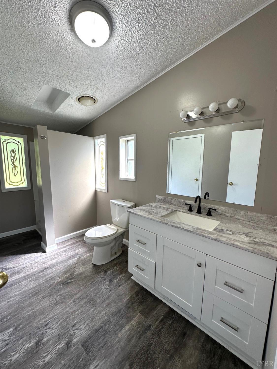 6337 Bethany Road Rustburg, VA 24588 - Photo 13 of 24 a bathroom with a granite countertop sink a toilet and a mirror