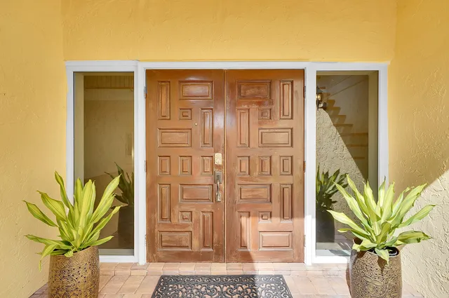 a view of front door with yellow plant