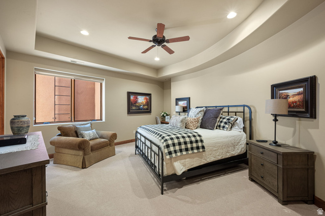 2331 West Entrada Trail, Unit 61 St. George, UT 84770 - Photo 42 of 69 Carpeted room featuring a ceiling fan with integrated lighting, recessed lighting, and a window with a metal grate
