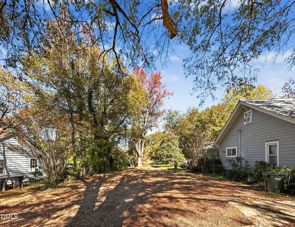 a view of a backyard with a garden and trees