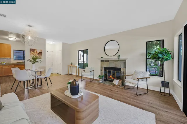 a living room with furniture a fireplace a potted plant and a fireplace