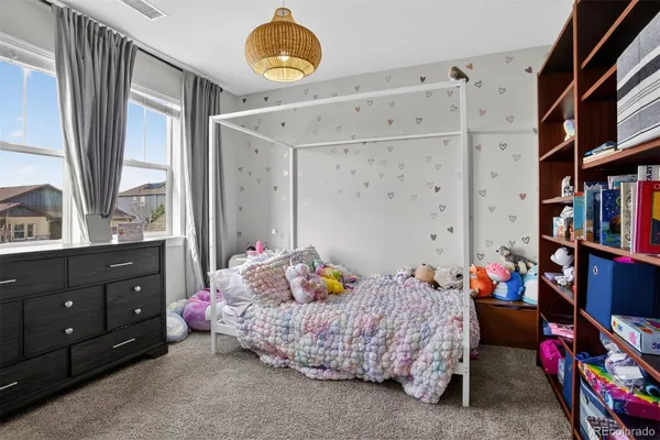 a bedroom with a bed closet and a book shelf