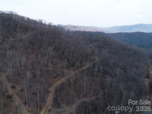 a view of a dry yard with mountains in the background