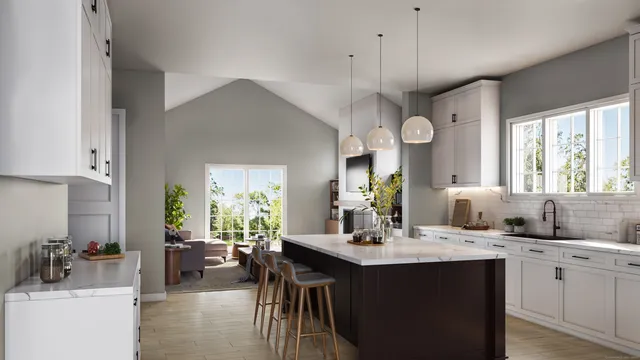 a kitchen with a sink dining table and chairs