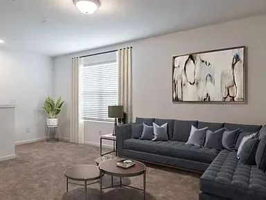 a living room with furniture and a potted plant