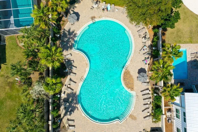 an aerial view of a swimming pool