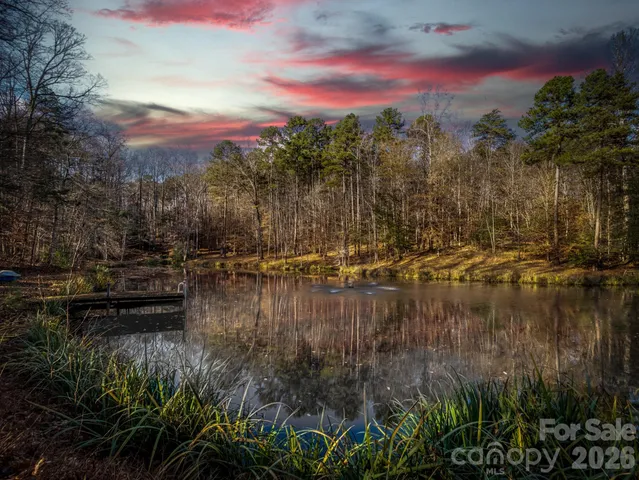 a view of river covered by trees and buildings