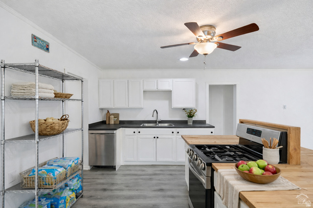 25615 Main Street Portage, UT 84331 - Photo 12 of 42 Kitchen with stainless steel appliances, white cabinetry, ceiling fan, light wood finished floors, and a textured ceiling