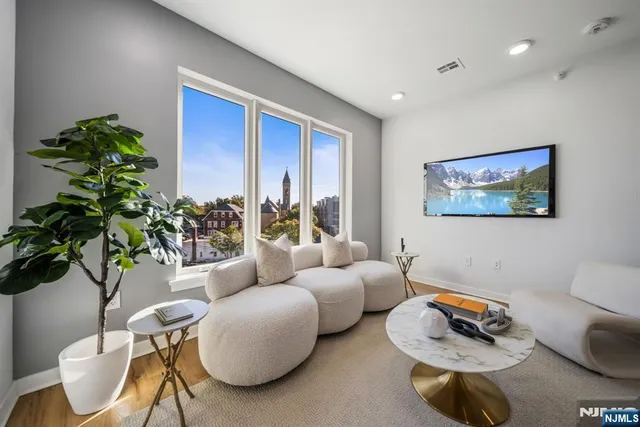 a living room with furniture and a potted plant
