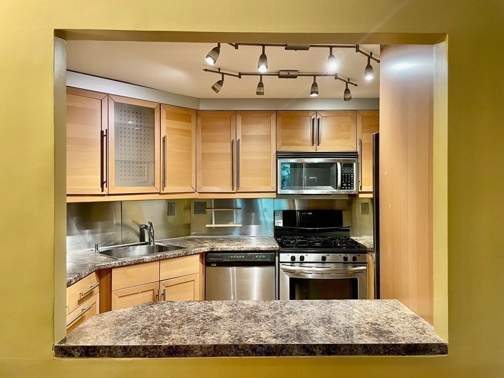 22 Chestnut Place, Unit 316 Brookline, MA 02445 - Photo 9 of 19 a kitchen with stainless steel appliances granite countertop a stove and a microwave