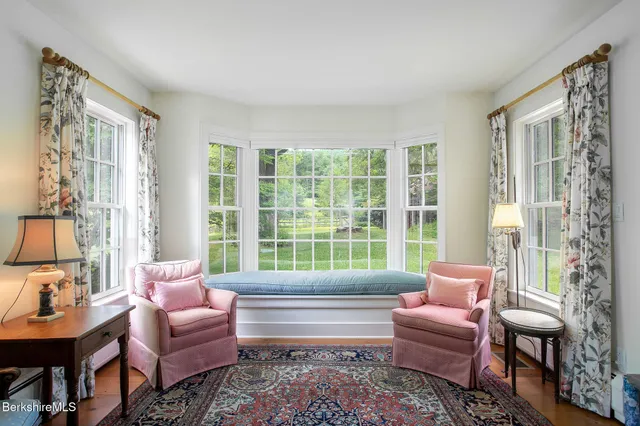 a living room with furniture and large windows
