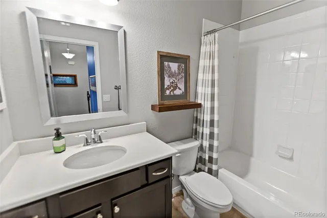 a bathroom with a sink toilet vanity and shower