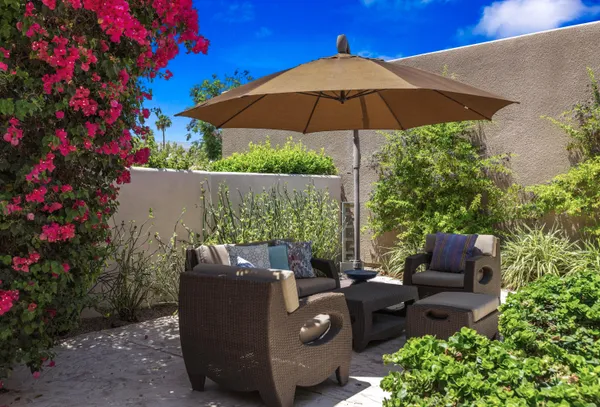 a view of a backyard with couches plants and an umbrella