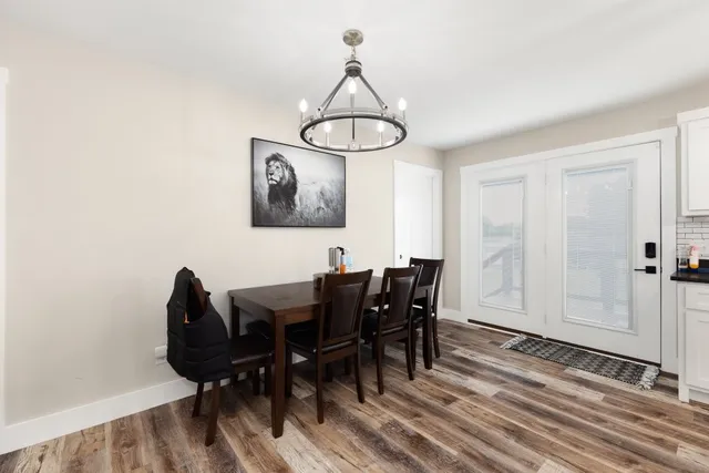 a view of a dining room with furniture