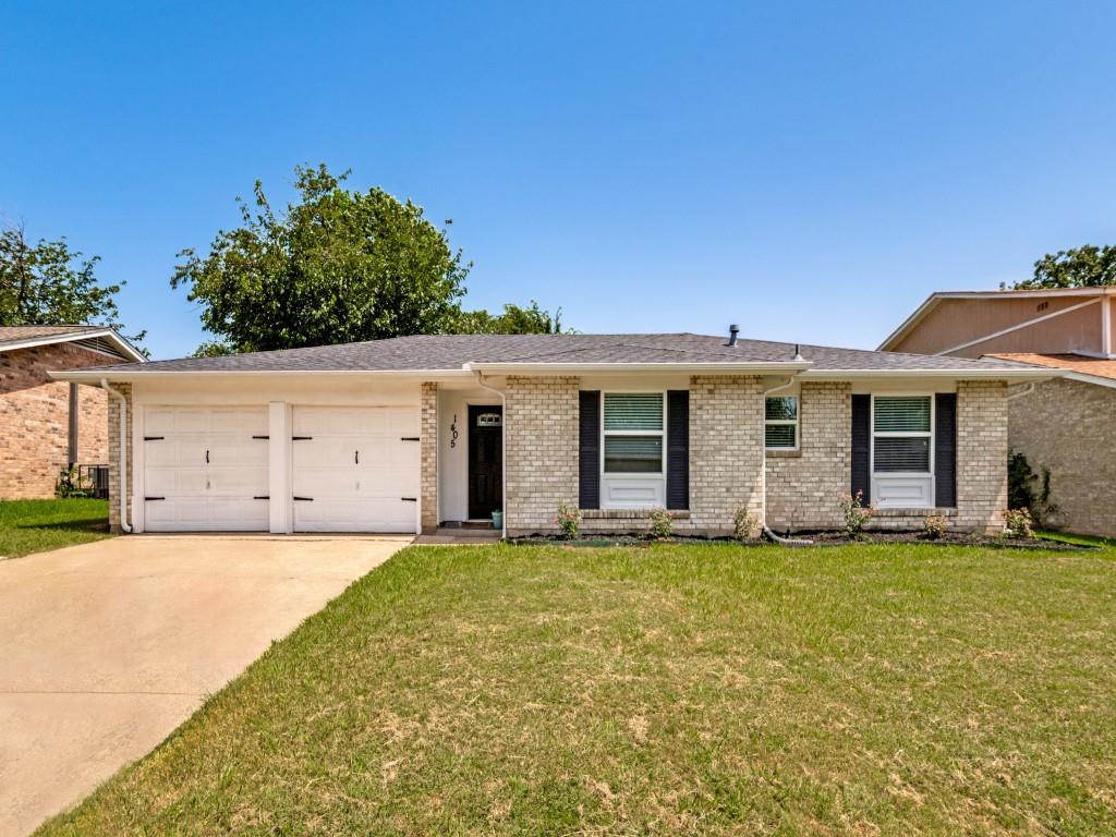 1405 Rambler Road Arlington, TX 76014 - Photo 4 of 26 Single-story residence featuring light-colored brick facade, a two-car garage with white doors, black window shutters, a dark entry door, and a concrete driveway