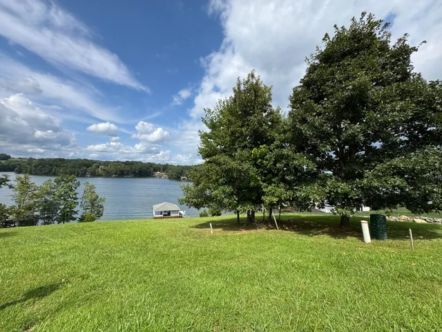 a view of a lake with houses in the back
